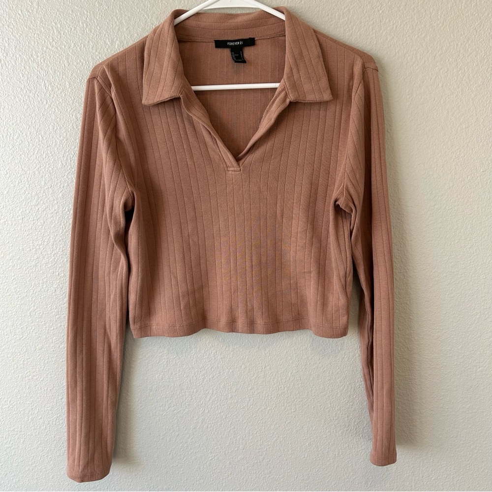 Forever 21 Camel Ribbed Long Sleeve Top